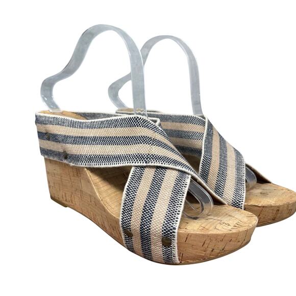 Lucky Brand Sandals 9.5 M Platform Wedge Blue Striped Linen Cork Heel Miller2 - Picture 1 of 14